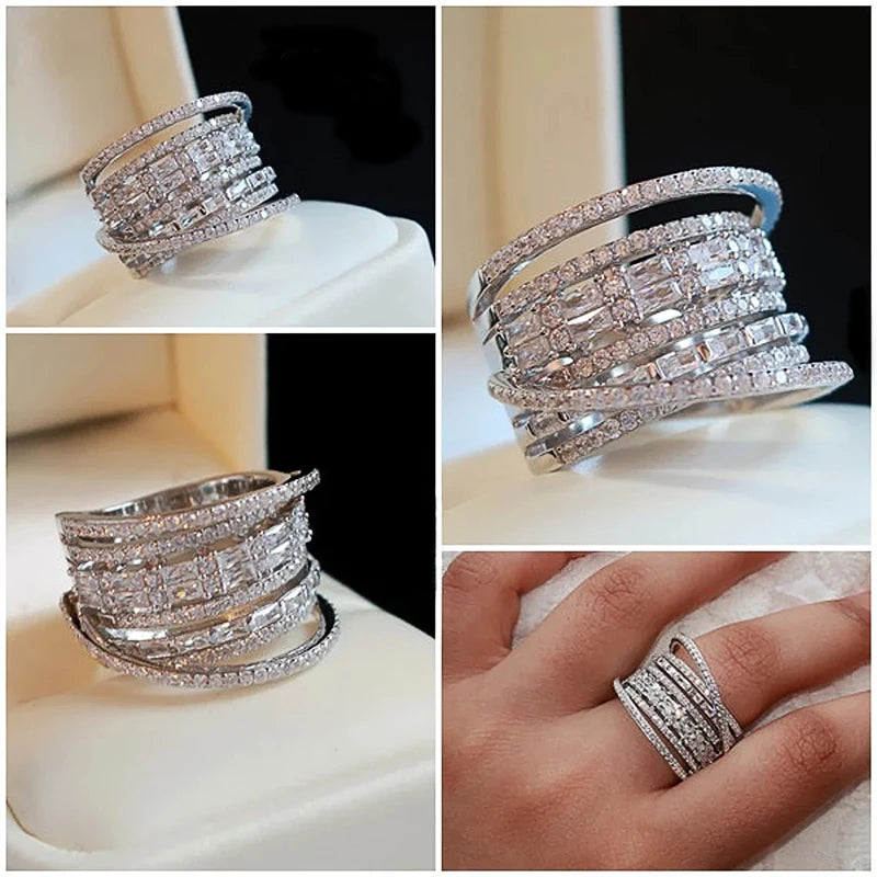 Huitan Fashion Multilayered Shiny Zirconia Ring Luxury Female Wedding Party Jewelry Gorgeous Wide Finger Accessories for Women