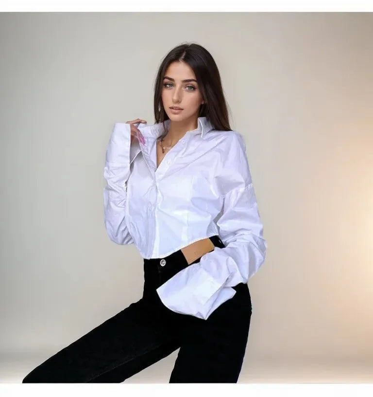 Zadily Summer 2025 Korean Style Long Sleeve White Shirt Sexy Button Detail Crop Top Women's Streetwear Blouse Female Clothing