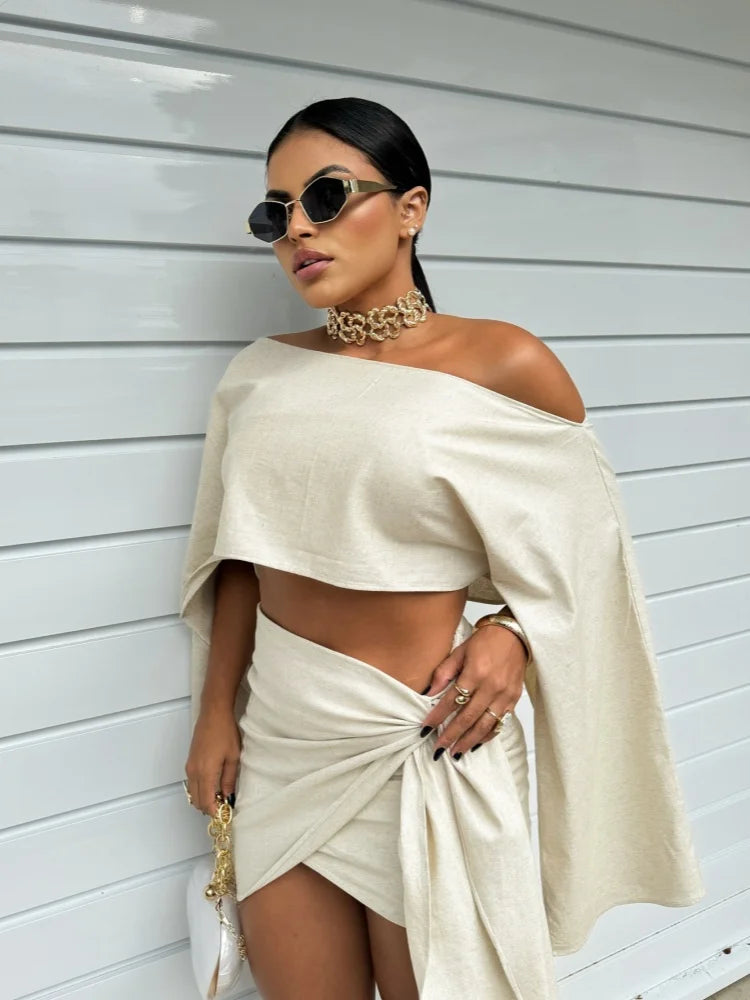 Women Solid Color Shawl Tops Mini Knot Skirt Suit Cotton Linen Comfort Skirts Set 2026 Spring Summer Lady Beach Holiday Outfit