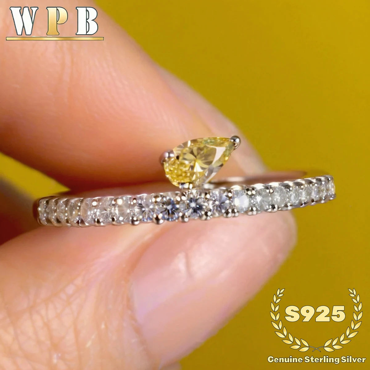 Genuine S925 Sterling Silver Ring with 8A Yellow Pear Radiant Cut Zircon&Sparkling Stone Band Elegant Contrast Jewelry for Women