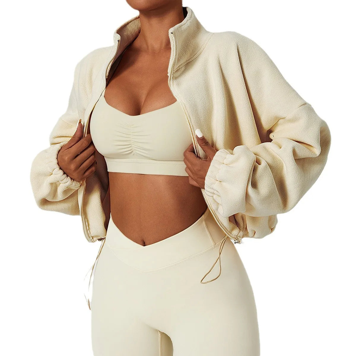 Women's Polar Fleece Zip Hoodie Athletic Loose Fit Crop Top w/ Stand Collar, Thumb Holes & Drawstring Hem for Fall Winter