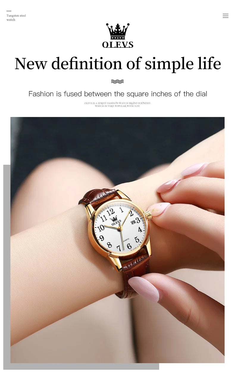 OLEVS 5566 Fashion Quartz Watch for Men and Women Leather Strap Waterproof Original Watch Arabic Numeral Scale Giving to Elders
