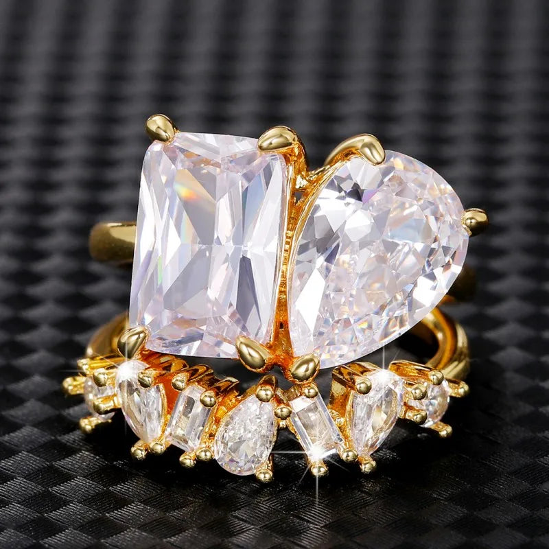 Huitan Waterdrop Rectangle Cubic Zircon Set Rings for Women Gold Color 2023 New Wedding Party Accessories Fashion Female Jewelry