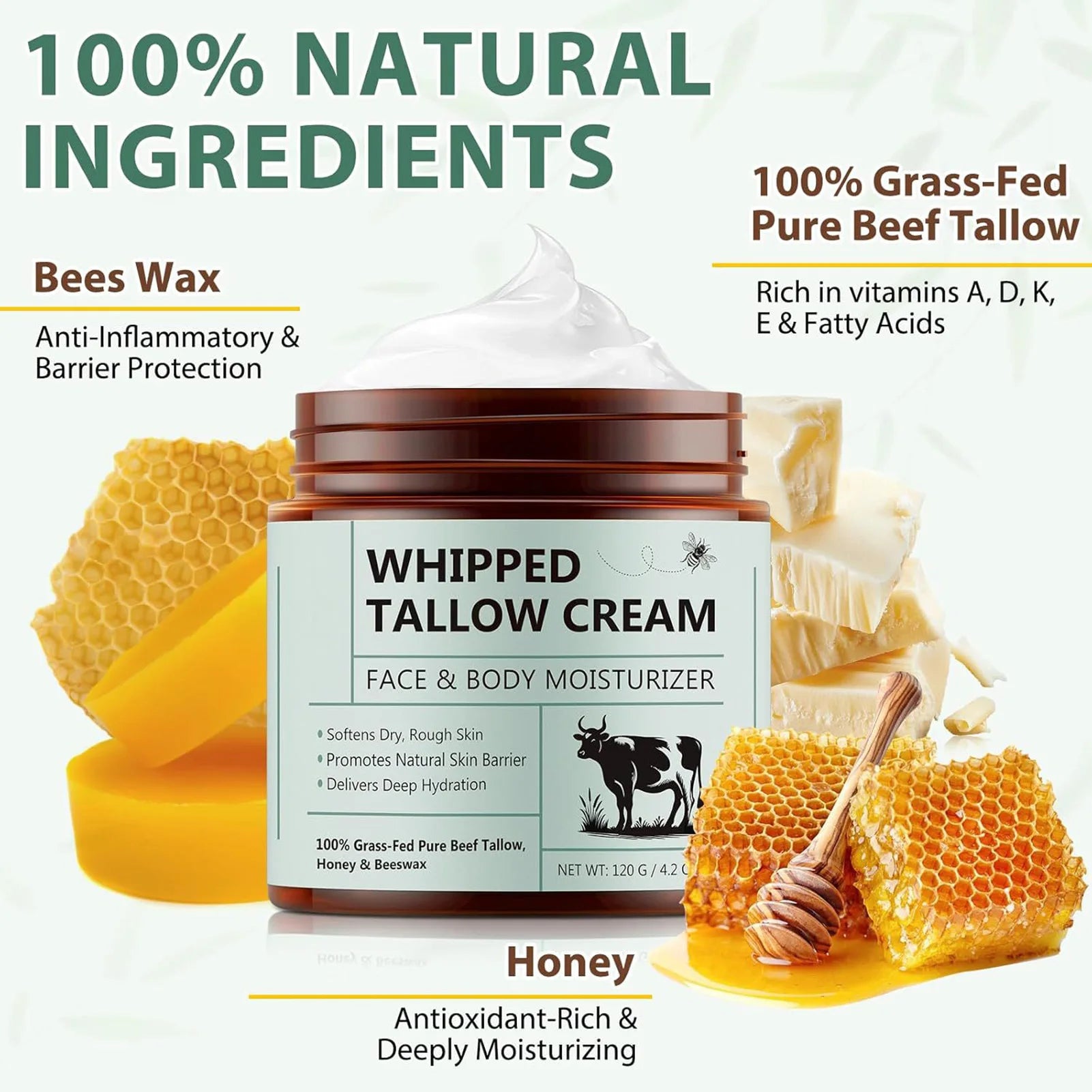120g Tallow Face Moisturizer Organic-Grass Fed Whipped Beef Tallow with Honey Beeswax Deeply Moisturizing for Face Body