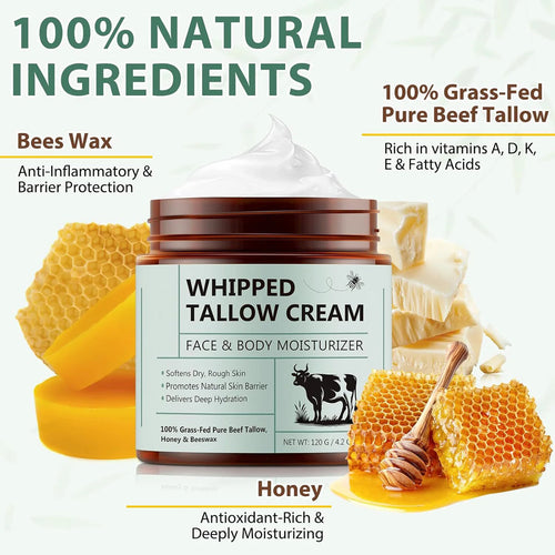 120g Tallow Face Moisturizer Organic-Grass Fed Whipped Beef Tallow with Honey Beeswax Deeply Moisturizing for Face Body