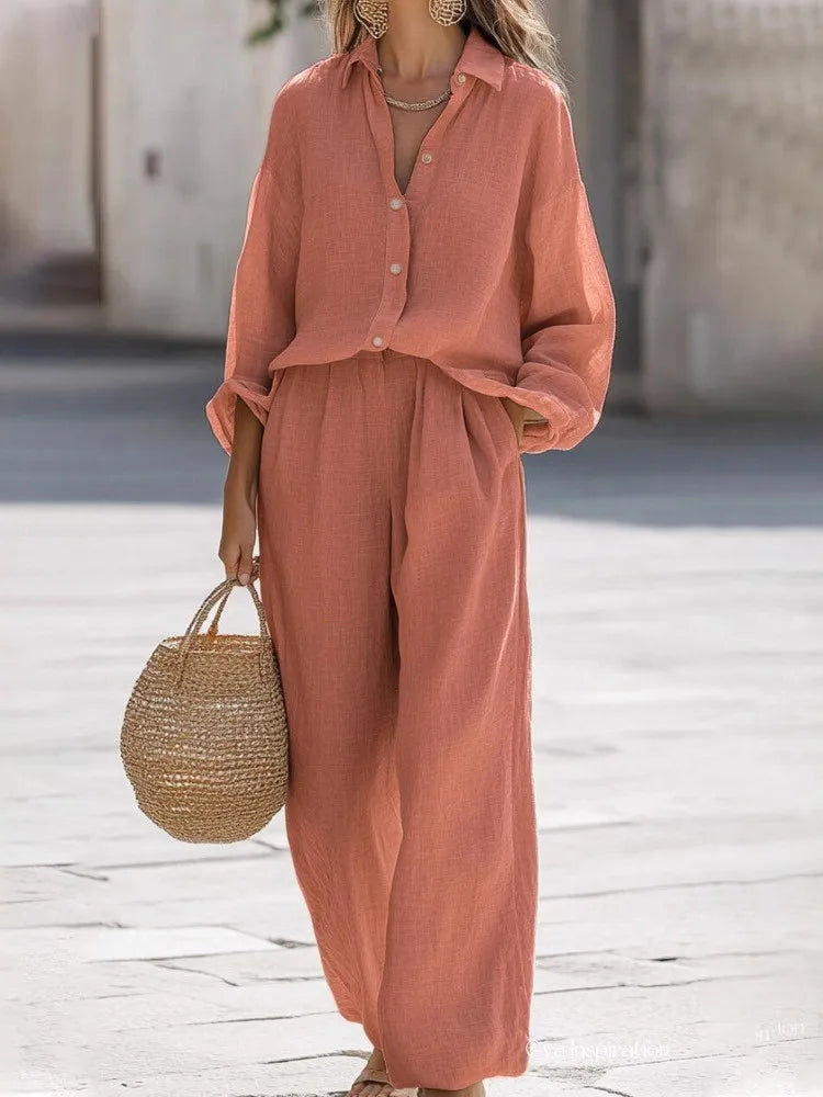 Lady Cotton Linen Shirt Pants Suits Casual Two Piece Set For Women 2025 Autumn Long Sleeve Top And Wide Leg Pants Loose Outfits
