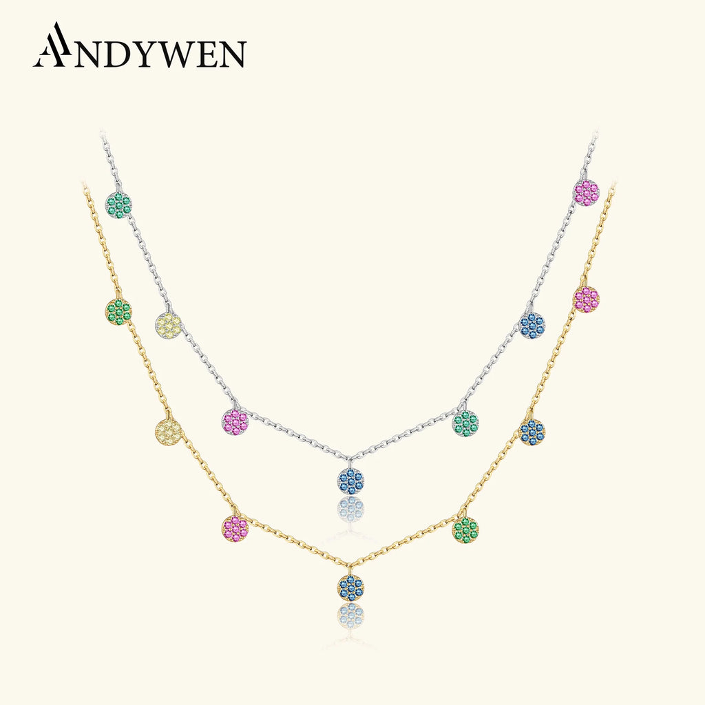 ANDYWEN 925 Sterling Silver Gold Colorful Zircon Crystal Round Flower Charms Pendant Choker Necklace Long Chain Women Fine Jewer