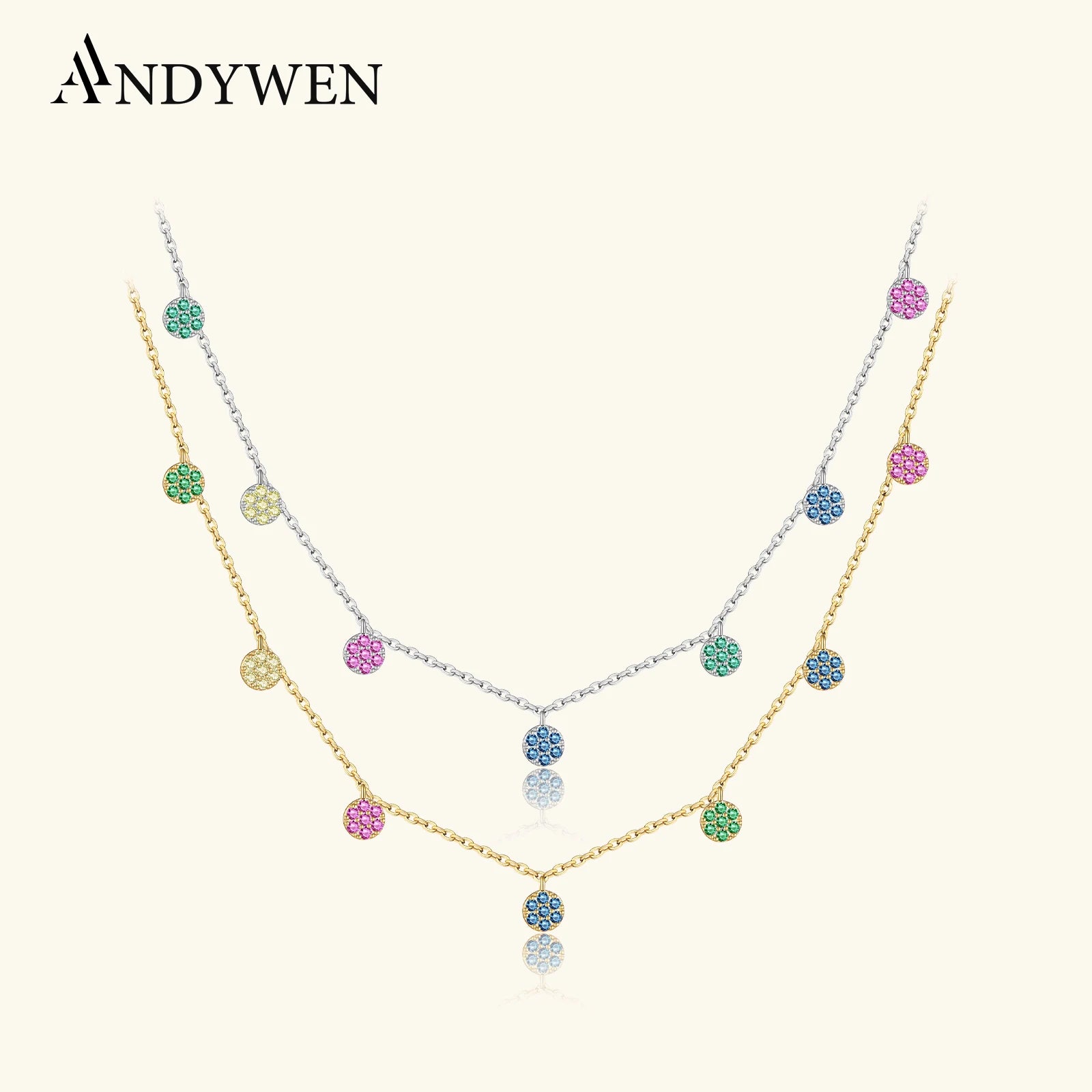 ANDYWEN 925 Sterling Silver Gold Colorful Zircon Crystal Round Flower Charms Pendant Choker Necklace Long Chain Women Fine Jewer