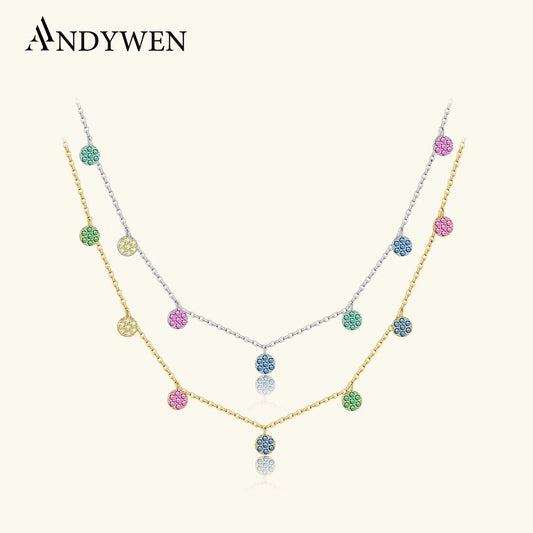 ANDYWEN 925 Sterling Silver Gold Colorful Zircon Crystal Round Flower Charms Pendant Choker Necklace Long Chain Women Fine Jewer