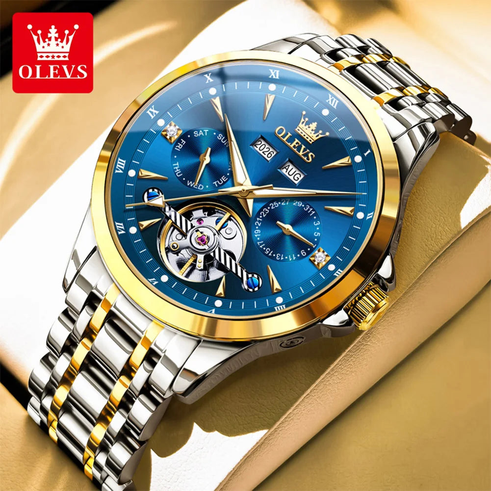 OLEVS Automatic Man Watch Skeleton Flywheel Luxury Original Mechanical Wristwatch Waterproof Stainless Steel  Men's Watches 7091