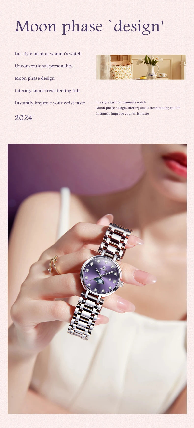 OLEVS Diamond Time Purple Moon Phase Dial Women Watches Luxury Brand New Fashion Women Quartz Watch Steel Waterproof Dress Watch