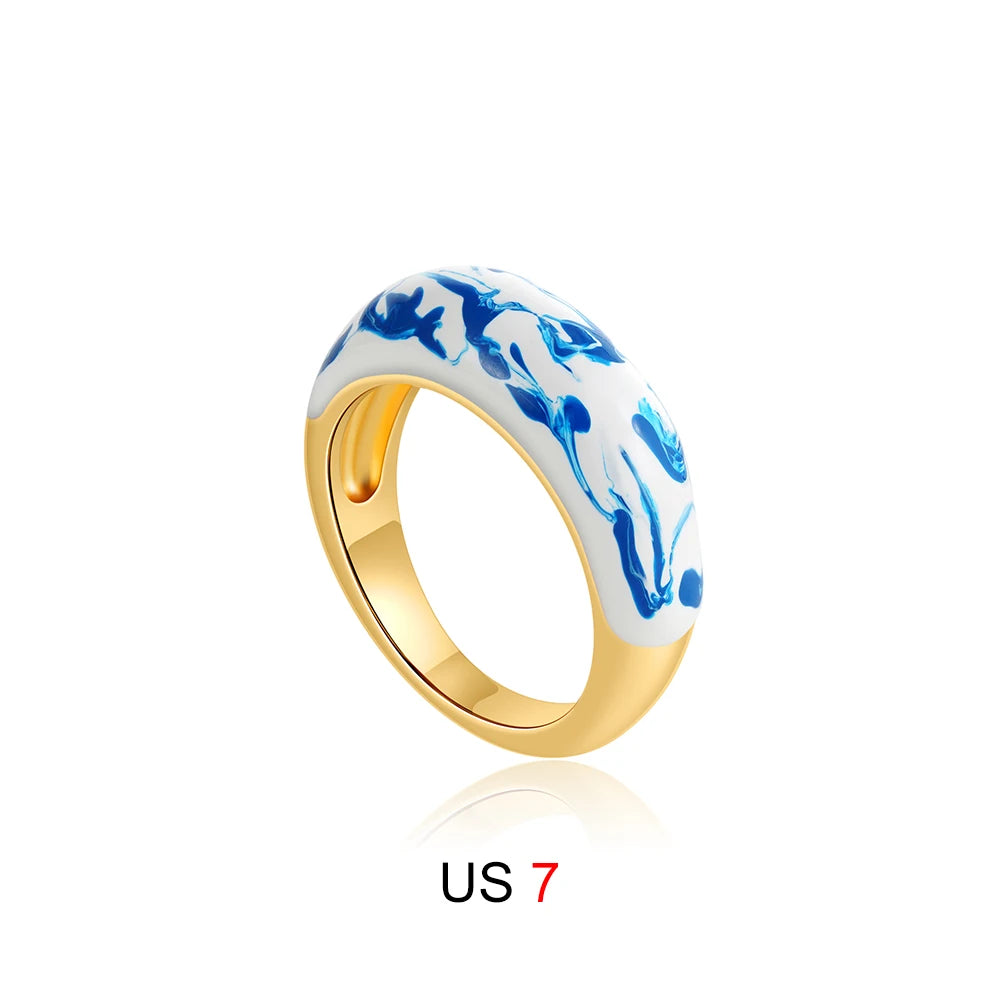 New Trendy White and Blue Enamel Flower Pattern Hoop Earrings for Women Charm Gold Plated U Shape Huggie Hoops Statement Jewelry