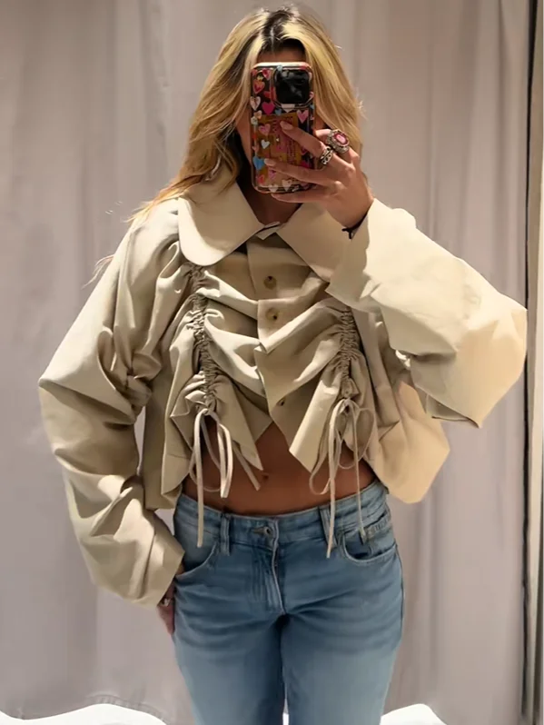 Women Coat Lapel Collar Ruched Jacket Beige Drawstring Top Button Front Lightweight Crop Outerwear Spring Outfit Woman Clothes
