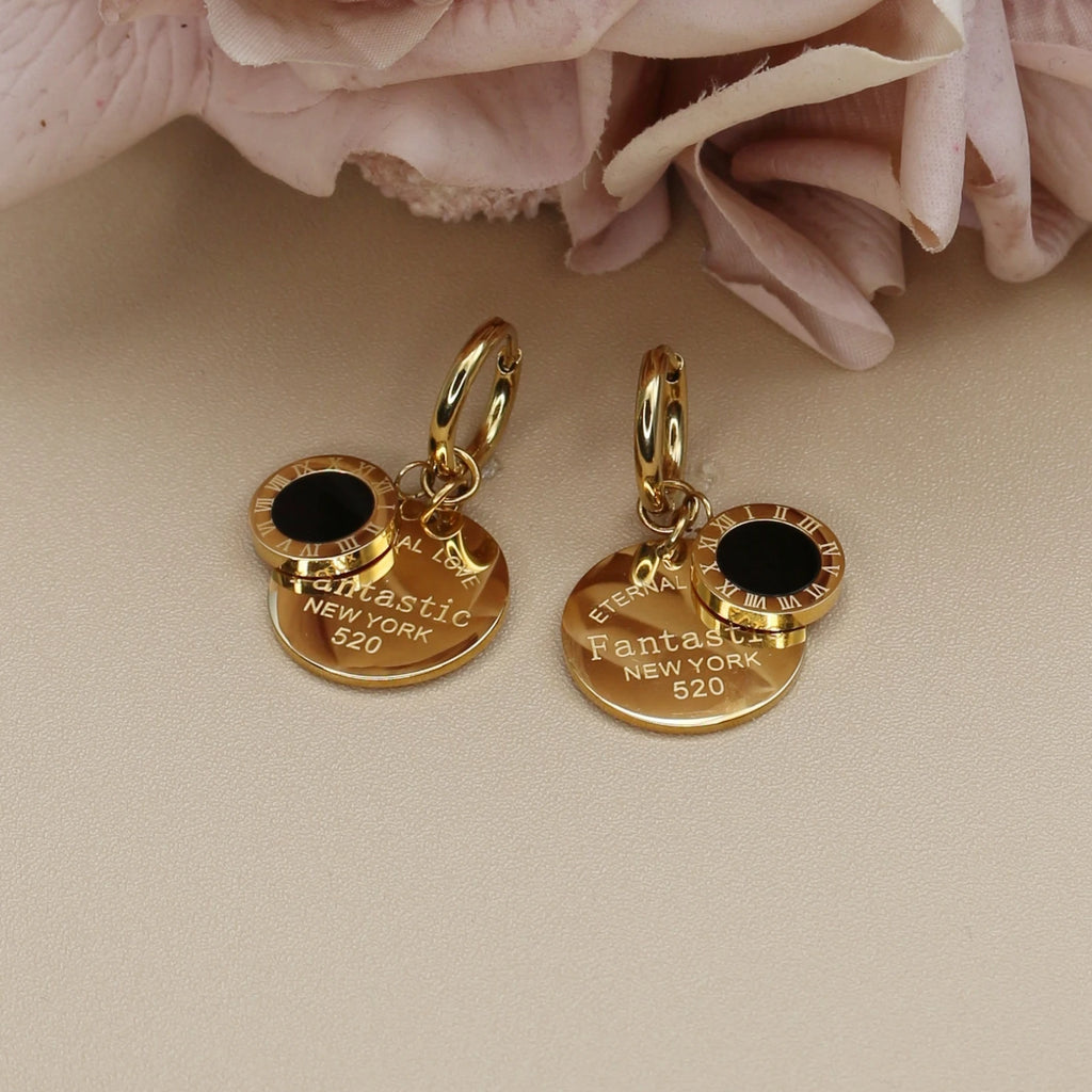 XE-193 New Roman Numeral Medallion Design FOREVER LOVE Stainless Steel Ladies' Jewellery Earrings Gift Wholesale