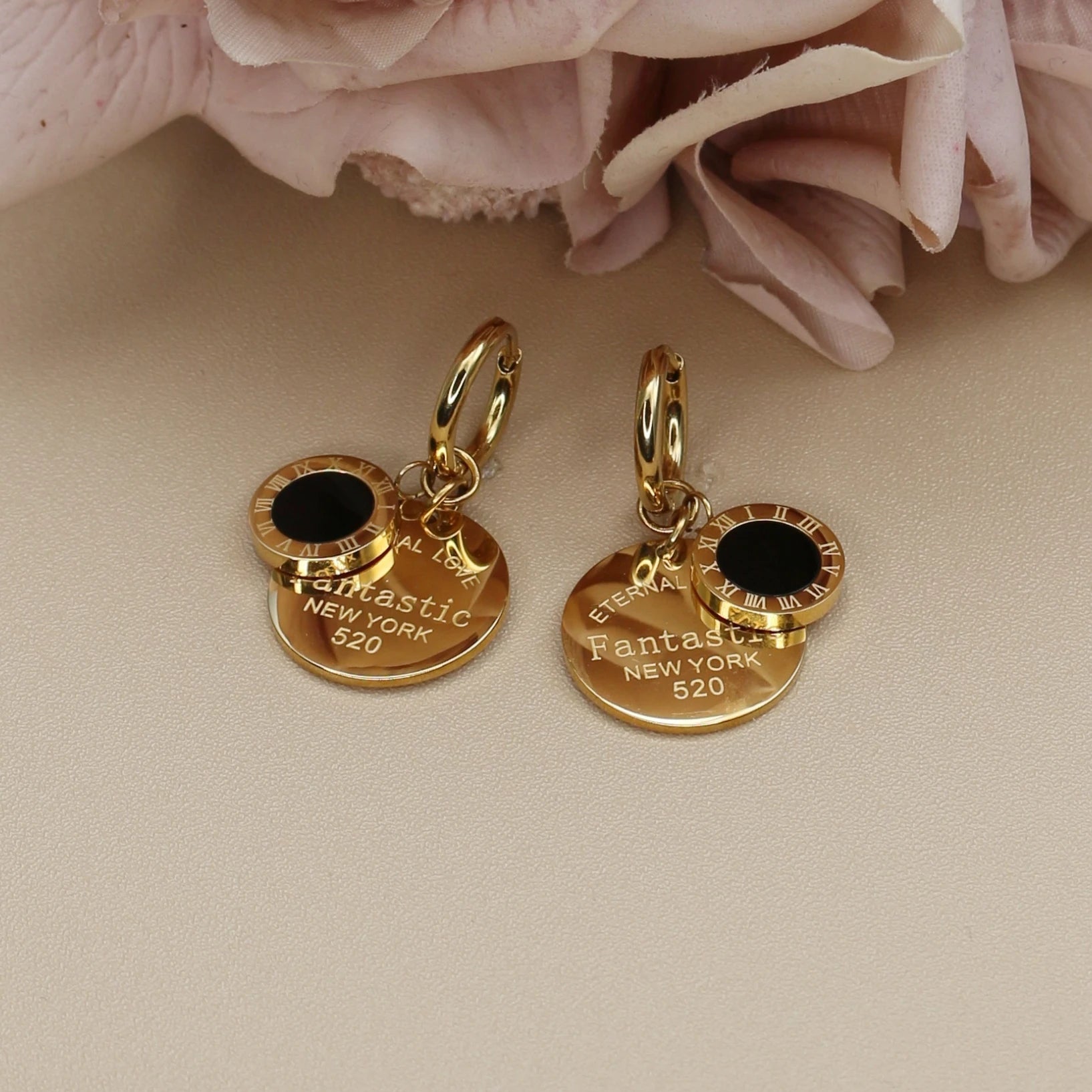 XE-193 New Roman Numeral Medallion Design FOREVER LOVE Stainless Steel Ladies' Jewellery Earrings Gift Wholesale