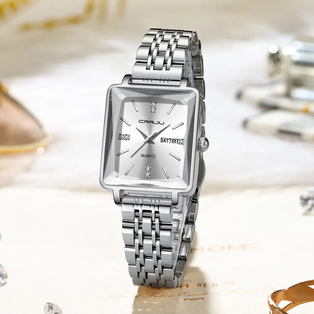 CRRJU Waterproof Women's Square Quartz Dress Watch Ladies Steel Bracelet Wristwatch with Date Relogio Feminin
