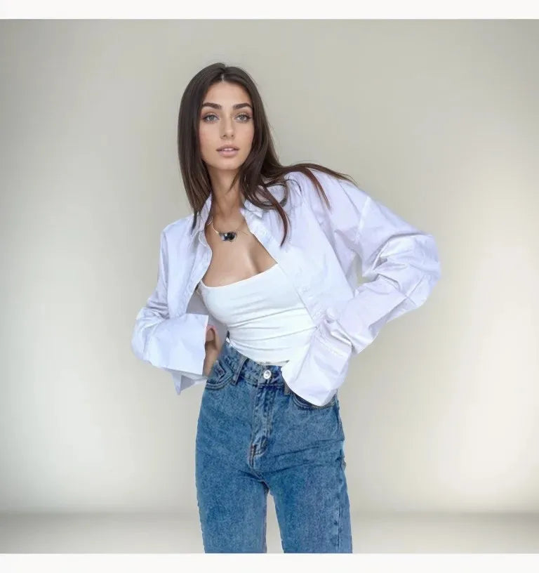 Zadily Summer 2025 Korean Style Long Sleeve White Shirt Sexy Button Detail Crop Top Women's Streetwear Blouse Female Clothing