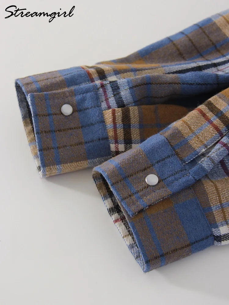 Streamgirl Oversized Plaid Shirt Women 2026 Spring Loose Vintage Long Shirts Full Sleeve Women Plaid Brown Oversized Shirt Blue