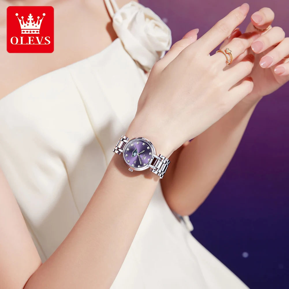 OLEVS Diamond Time Purple Moon Phase Dial Women Watches Luxury Brand New Fashion Women Quartz Watch Steel Waterproof Dress Watch
