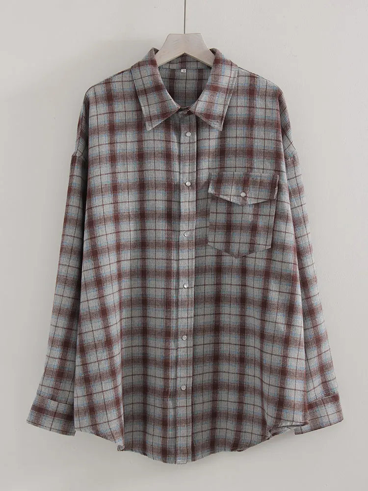 Streamgirl Oversized Plaid Shirt Women 2026 Spring Loose Vintage Long Shirts Full Sleeve Women Plaid Brown Oversized Shirt Blue