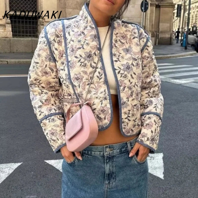 KADUWAKI Fashion Retro Stand-up Collar Long-sleeved Printed Two-sided Wear Quilted Short Cotton Jacket Classic Casual Streetwear