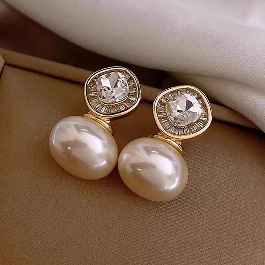 DREJEW Retro Diamond Zircon Pearl Earrings for Women Fashion Simple Temperament 2025 Korean Luxury Designer Jewelry Gifts