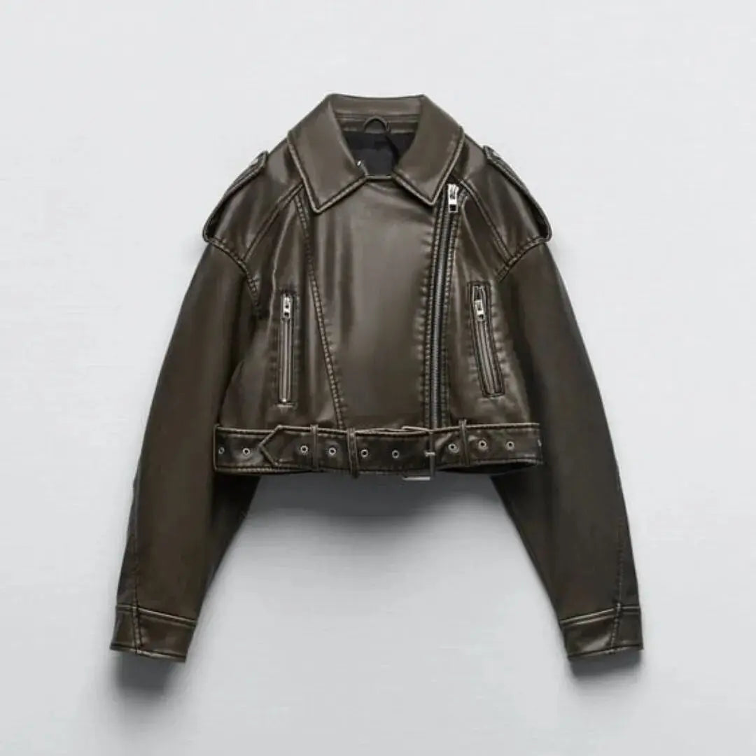 Women Oversized Vintage Loose Pu Faux Leather Short Jacket with Belt Streetwear Female Zipper Retro Moto Biker Coat Outwear
