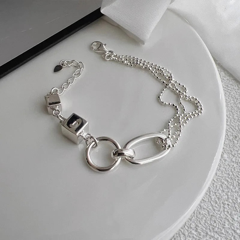 PANJBJ 925 Sterling Silver Geometry Hollow Out Bracelet For Women Asymmetric Originality Adjustable Punk Jewelry Gift Dropship
