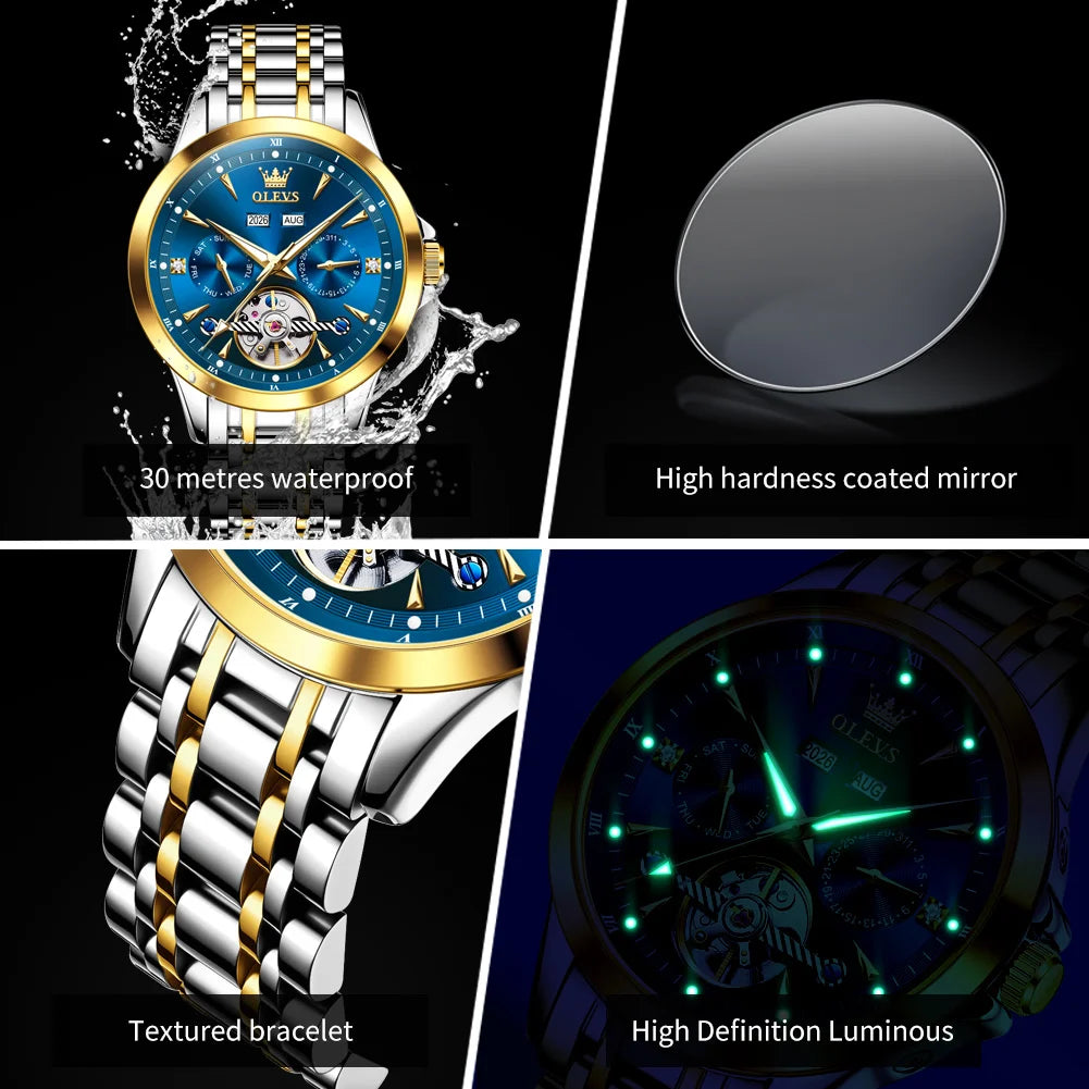 OLEVS Automatic Man Watch Skeleton Flywheel Luxury Original Mechanical Wristwatch Waterproof Stainless Steel  Men's Watches 7091