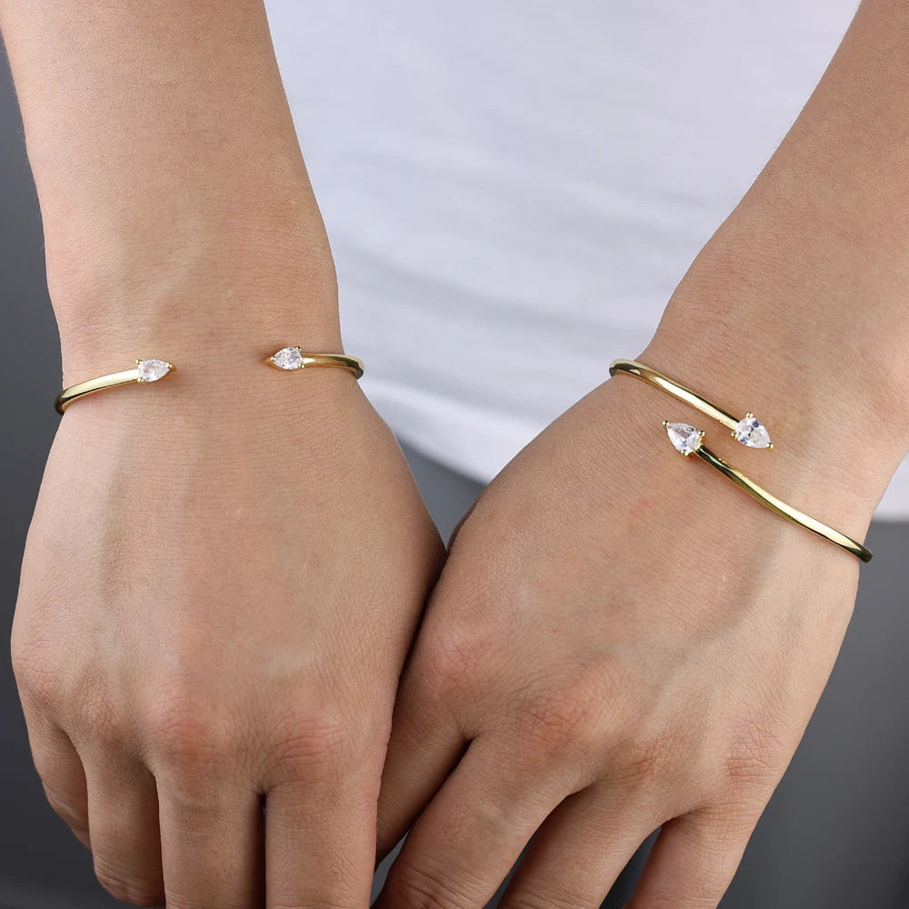 18K Gold Plated Geometric Fashion Women Jewelry 5A Sparking Tear Drop CZ Wrap Open Adjusted Cuff Bangle