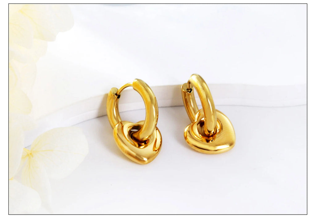 LUXUSTEEL Heart Pendant Huggie Earrings For Women Golden Plated Stainless Steel Hoops With Charm Drop Earrings Korea Jewelry