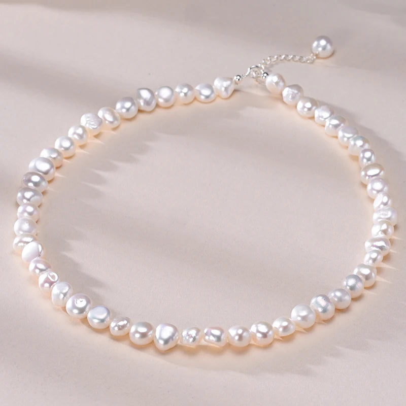 HENGSHENG Classic Baroque 925 Sterling Silver Freshwater 8-9mm White Pearl Necklace Fine Trendy Jewelry Gift for Women Girls