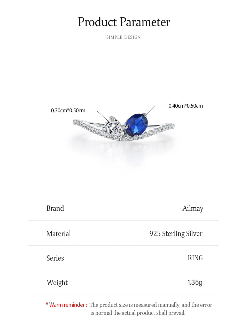 Ailmay 925 Sterling Silver Sparkling Blue White Finger Ring For Women Girls Party Fashion Stackable Fine Jewelry