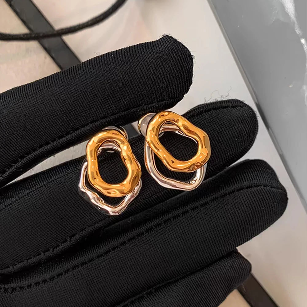 Two-wear Irregular Gold Sliver Colors Circles Bilayer Piercing Post Earring for Women Bicolor Hammered Texture Geometric Jewelry