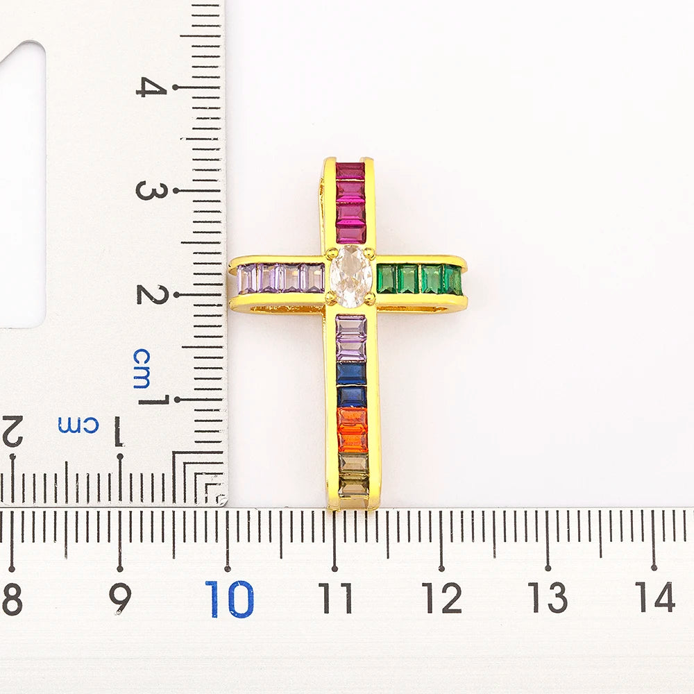 AIBEF Fashion Cross Shape Pendant Colorful Rhinestone Women Necklace Copper Zircon Stereoscopic Jewelry Christianity Unisex Gift
