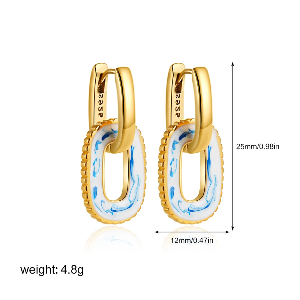 New Trendy White and Blue Enamel Flower Pattern Hoop Earrings for Women Charm Gold Plated U Shape Huggie Hoops Statement Jewelry