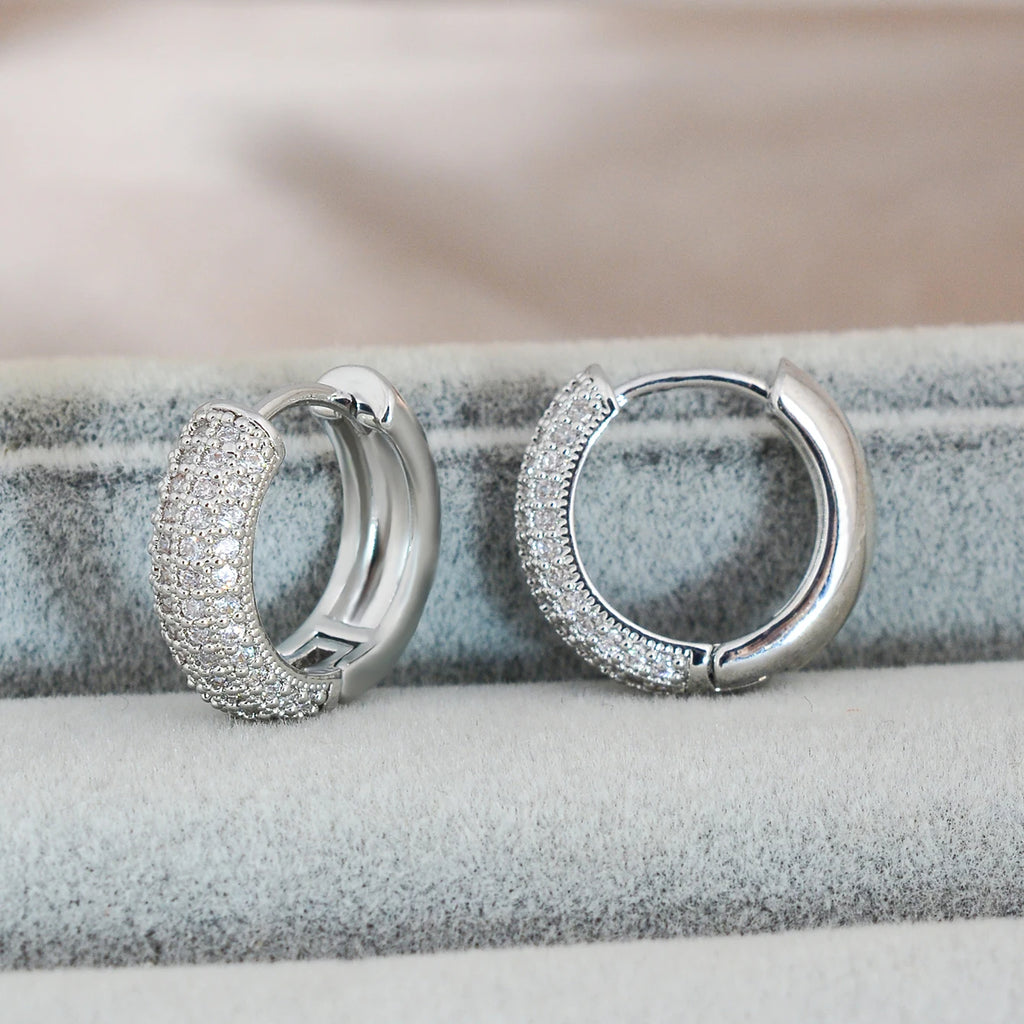 Fashion Silver Color Round Huggies Hoop Earrings for Women 4 Row Crystal Cubic Zirconia Statement Female Earrings Trends Jewelry