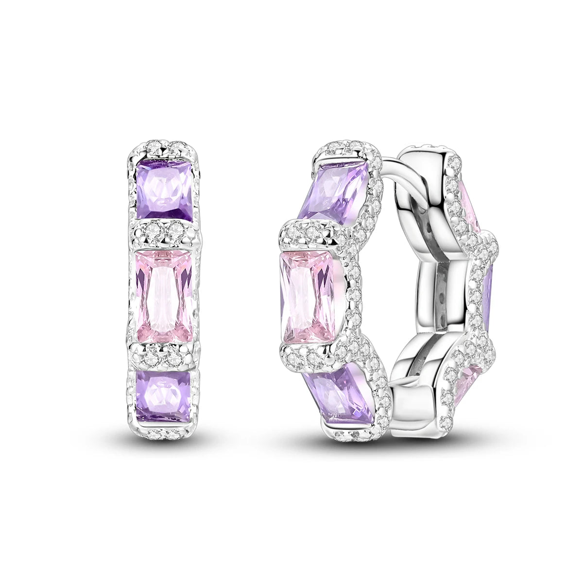 925 Sterling Silver Pink Purple Square CZ Huggie Hoop Earrings for Women Sparkling Luxury Elegant Evening Party Jewelry