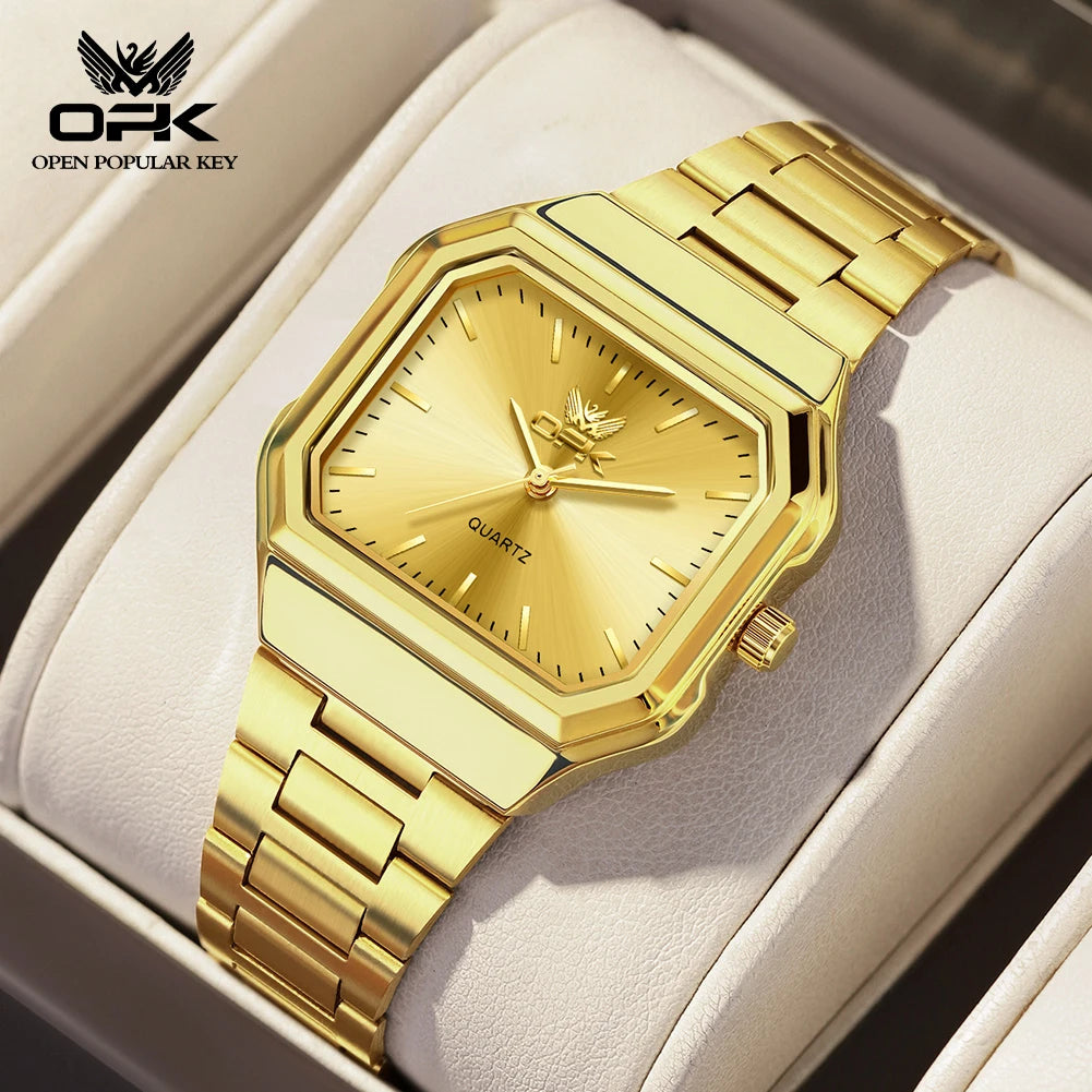 OPK 6080 Classic Fashion Ladies Quartz Watch Retro Square Dial Adjustable Strap Stainless Steel 30m Waterproof Watch For Women