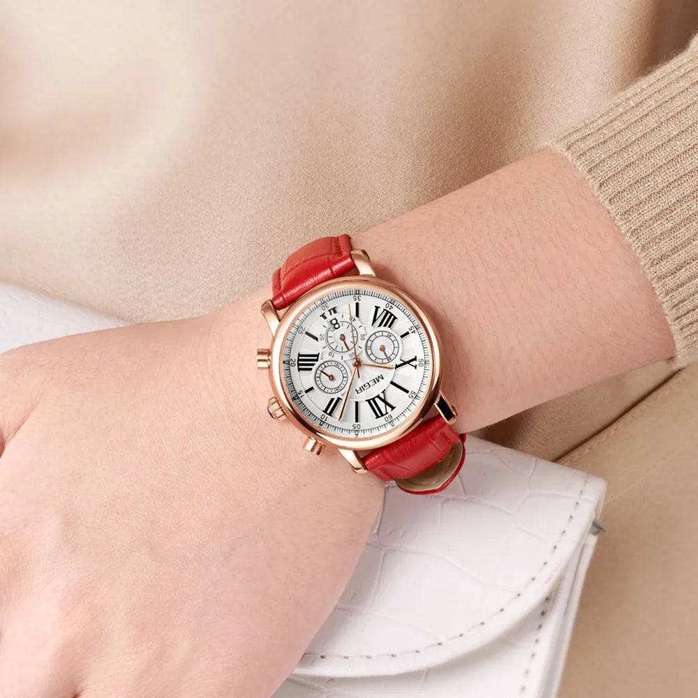 MEGIR Women Watches Luxury Quartz Chronograph Leather Strap Ladies Sports Wristwatch Female Dress Clock 24-hour Reloj Mujer 2058