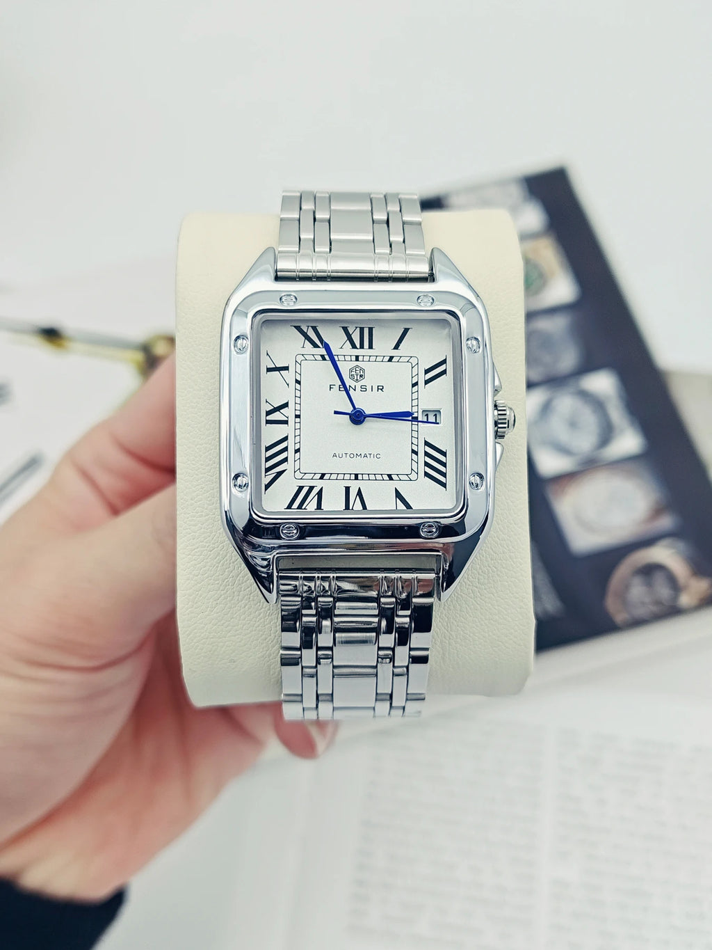 Luxury Santos Tank Watch for Men, Calendar Display, Stainless Steel Strap, High-End Luxury Small Square Men's Watch, Fashionable Business Casual Versatile Trendy Men's Wristwatch, the Best Gift for Him