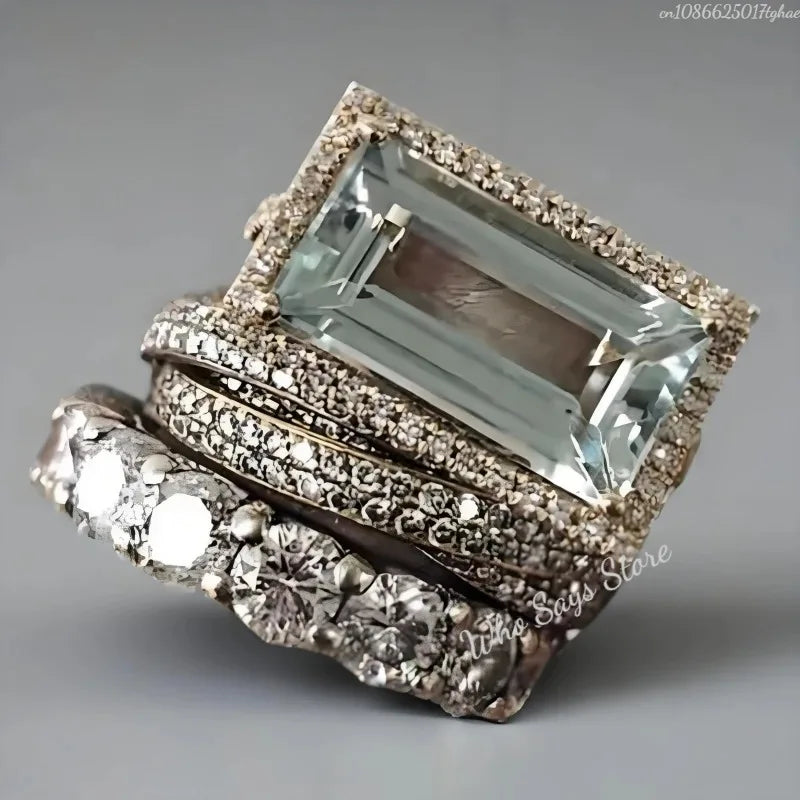 2025 New Fashion Three Piece Set Blue Square Zircon Rings For Women Party Idea Gifts Custom Jewelry