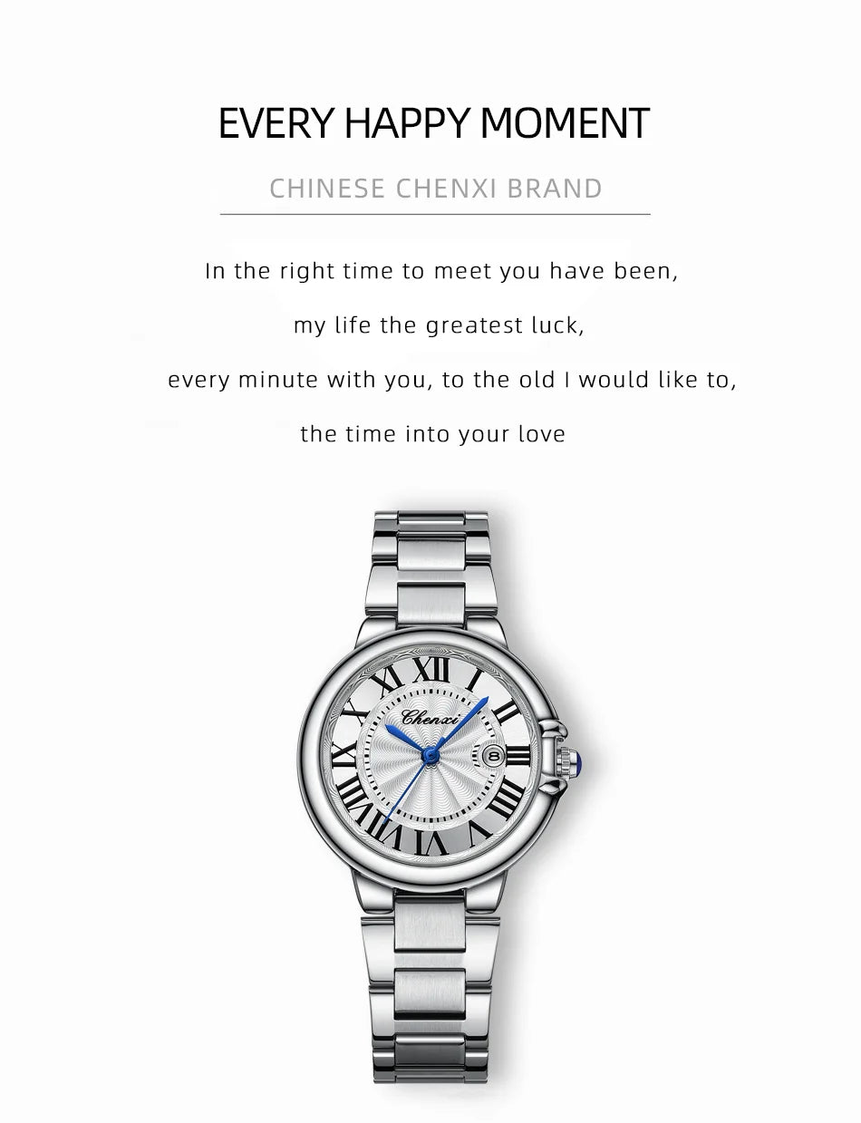 CHENXI 039 Couple Exquisite Watch Quartz Top Brand Luxury Fashion Stainless Steel Silver White Male and Female Couple Watch Gift