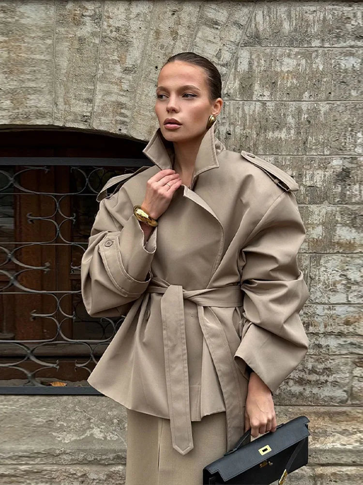 Casual Loose Jackets Women Lapel Long Sleeves Belt Double Breasted Short Windbreaker 2025 Spring Fashion Chic Streetwears Lady