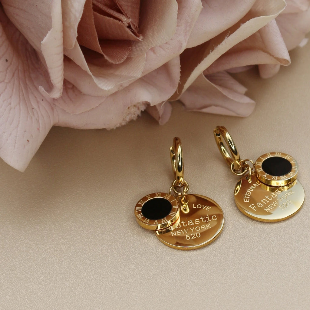 XE-193 New Roman Numeral Medallion Design FOREVER LOVE Stainless Steel Ladies' Jewellery Earrings Gift Wholesale