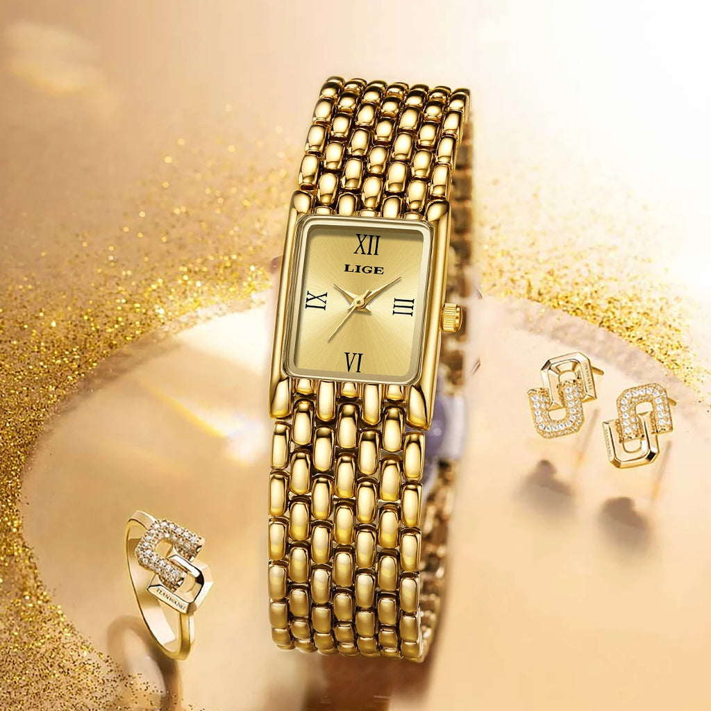 LIGE Gold Watch for Women Square Ladies Quartz Wristwatches Stainless Steel Women Small Gold Watch Luxury Casual Fashion Watch