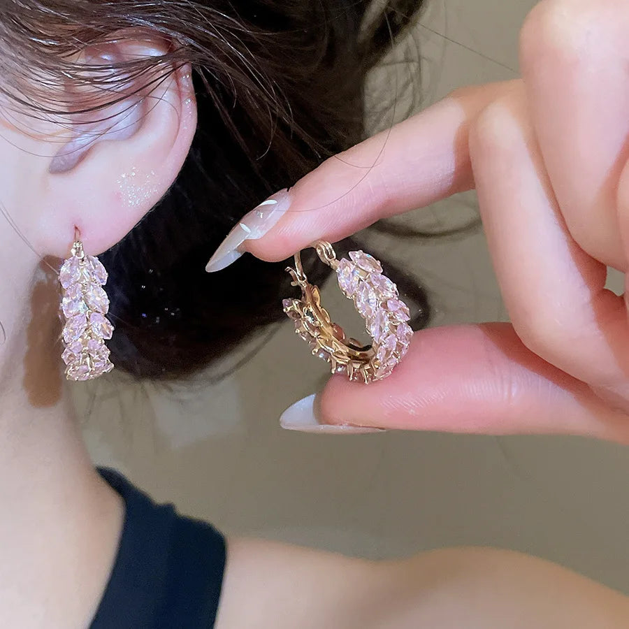 Multicolor Shiny Zircon Huggie Hoop Earrings for Women Girls Wheat Leaf Hoop Earrings Versatile Fashion Jewelry Daily Party Gift