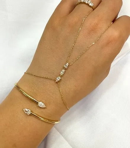 18K Gold Plated Geometric Fashion Women Jewelry 5A Sparking Tear Drop CZ Wrap Open Adjusted Cuff Bangle