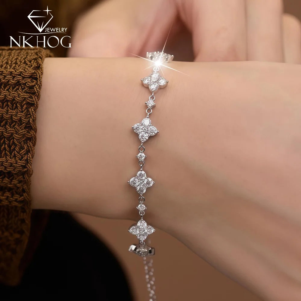 NKHOG Real Moissanite Adjustable Bracelets For Women 925 Sterling Silver Lab Diamond Four Leaf Clover Chains Gifts Fine Jewelry
