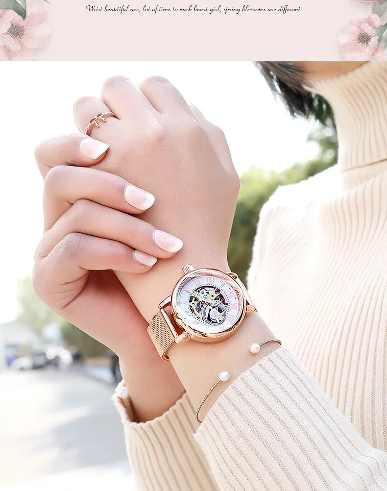 ORKINA Luxury Brand Skeleton Design Waterproof Automatic Mechanical Stainless Steel Mesh Strap Rose Gold Wrist Watch for Women